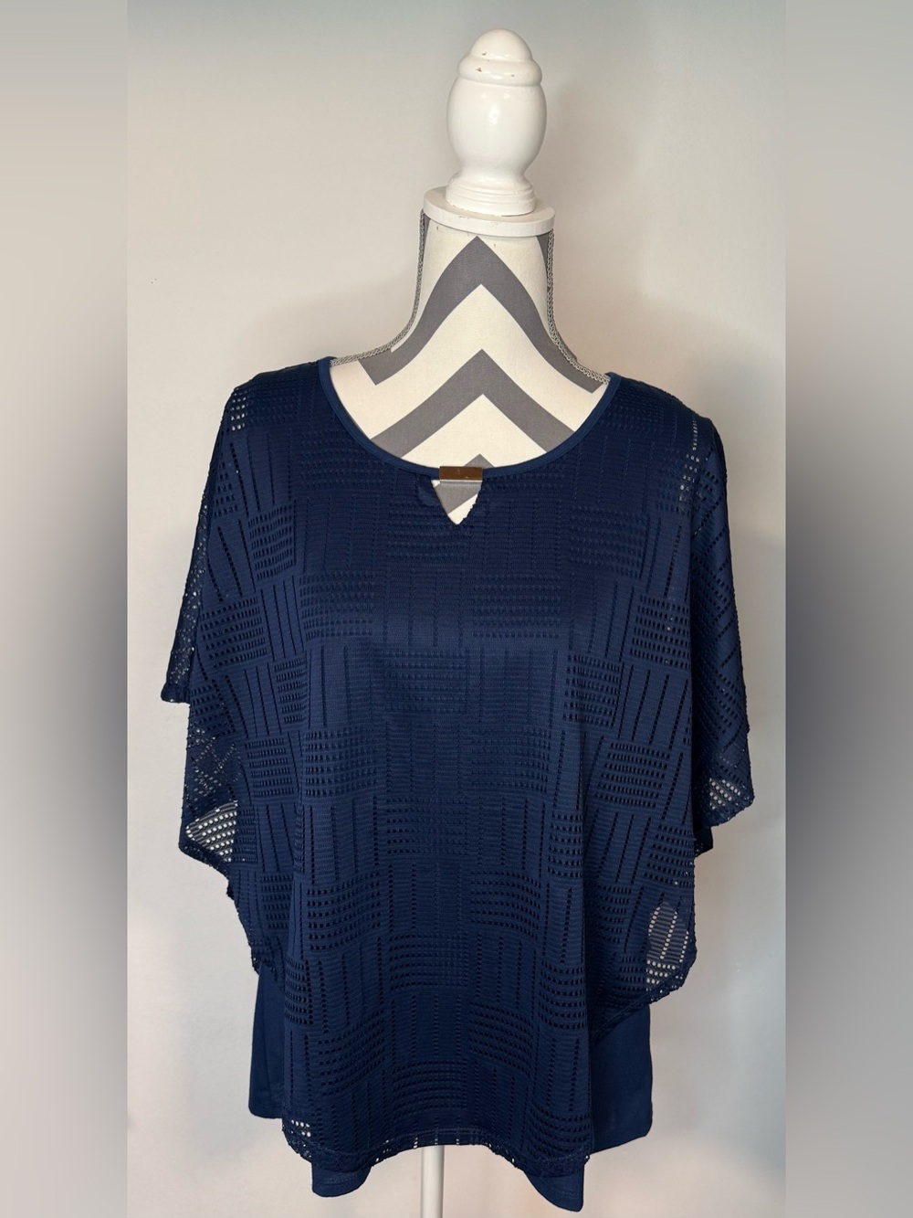 Zac & Rachel Women's Navy Blue Geometric Mesh Overlay Poncho Blouse Size Large